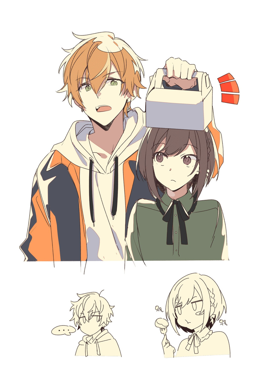 ... 1boy 1girl ap_bar bow braid brother_and_sister brown_eyes brown_hair closed_mouth collared_shirt eating highres holding hood hoodie jacket long_sleeves multicolored_hair open_mouth orange_hair pastry_box pout project_sekai shinonome_akito shinonome_ena shirt short_hair siblings simple_background spoken_ellipsis streaked_hair upper_body