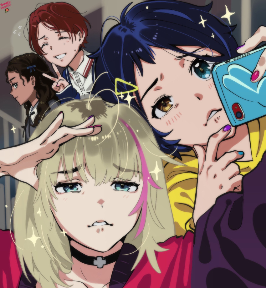 4girls aa2mee aonuma_neiru artist_name black_choker black_hair blonde_hair blue_eyes blue_hair blue_nails brown_hair choker closed_eyes facing_viewer hair_ornament hair_ribbon hairclip hand_up heterochromia highres holding holding_phone hood hood_down hoodie kawai_rika multicolored_hair multiple_girls ooto_ai phone pink_hair pink_nails purple_nails red_nails ribbon sawaki_momoe school_uniform short_hair streaked_hair upper_body v wonder_egg_priority yellow_eyes yellow_hoodie