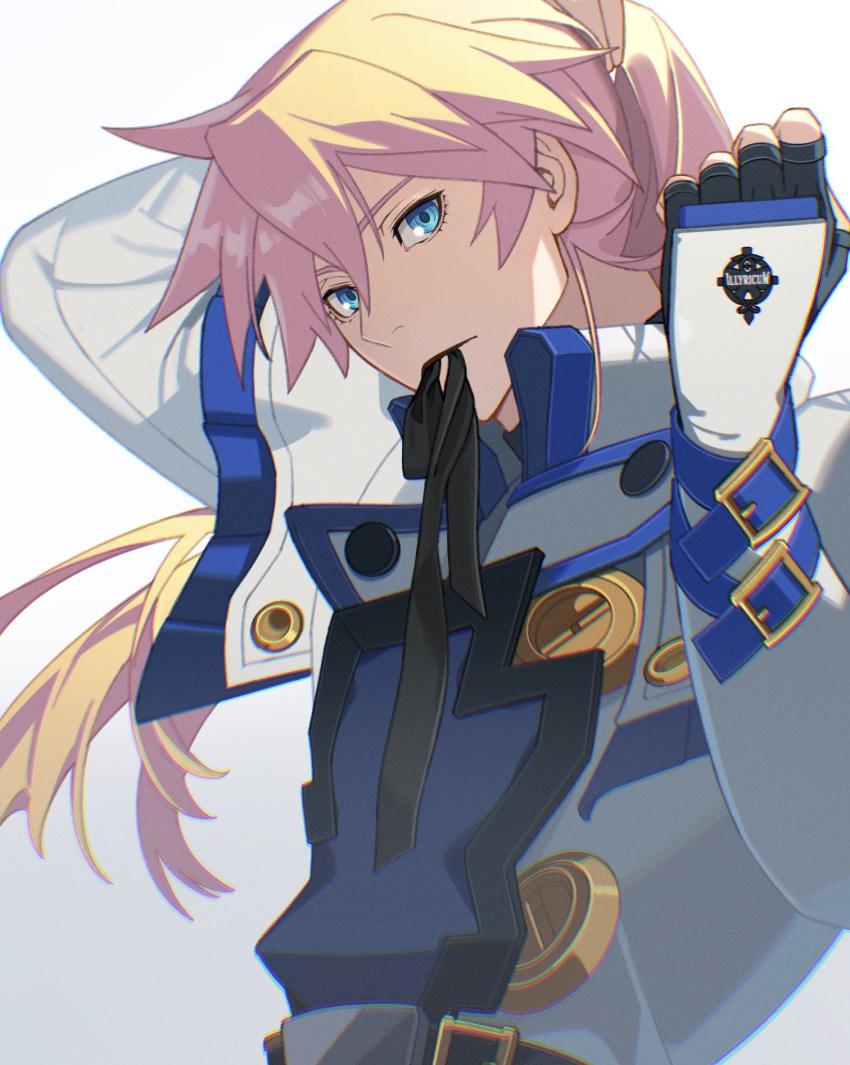 1boy aqua_eyes ark1478 black_gloves blonde_hair fingerless_gloves gloves guilty_gear guilty_gear_xrd hair_between_eyes highres ky_kiske long_hair long_sleeves looking_at_viewer male_focus mouth_hold ponytail ribbon ribbon_in_mouth simple_background tail tail_ornament tail_ribbon tying_hair upper_body