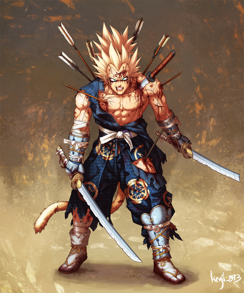 1boy abs alternate_costume armor arrow_in_body artist_name bandaged_arm bandaged_leg bandages blonde_hair blood blood_from_mouth blood_on_face blue_pants blue_shirt broken broken_arrow broken_sword broken_weapon chipped_sword dragon_ball dragon_ball_z evil_smile furrowed_brow green_eyes guillem_dauden highres holding holding_sword holding_weapon injury japanese_armor japanese_clothes kote majin_vegeta male_focus monkey_tail pants pectorals samurai sash shirt simple_background smile solo spiked_hair stab suneate super_saiyan super_saiyan_2 sword tabi tail topknot torn_clothes torn_pants torn_shirt vegeta veins waraji weapon widow's_peak