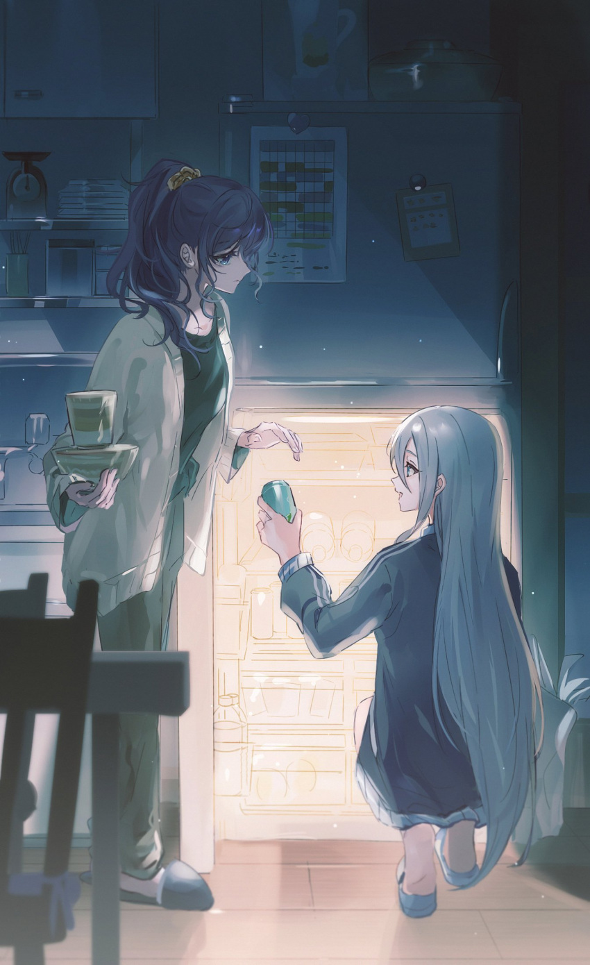 2girls black_shirt blue_eyes cabinet calendar_(object) can cardigan chair commentary cup_ramen expressionless grey_hair grey_jacket grey_pants haku_wi highres holding holding_can house indoors jacket long_hair looking_at_another multiple_girls open_cardigan open_clothes pants project_sekai purple_hair refrigerator scrunchie shirt sidelocks slippers smile squatting standing table very_long_hair white_cardigan yellow_scrunchie yoisaki_kanade