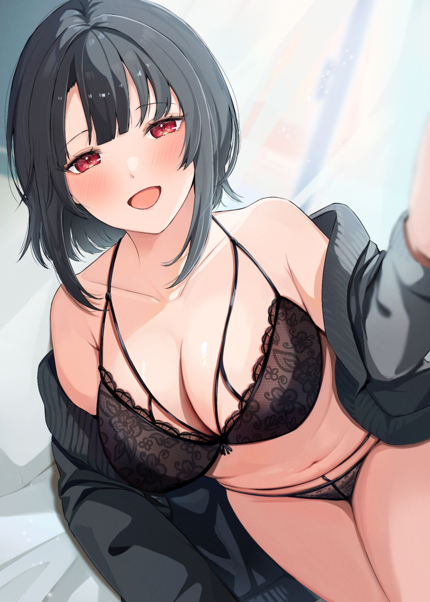 1girl :d black_bra black_hair black_panties bra breasts cleavage collarbone commentary_request highres kantai_collection large_breasts looking_at_viewer morning off_shoulder on_bed open_clothes open_window panties pov_across_bed ranran_3939 red_eyes short_hair smile solo takao_(kancolle) underwear window