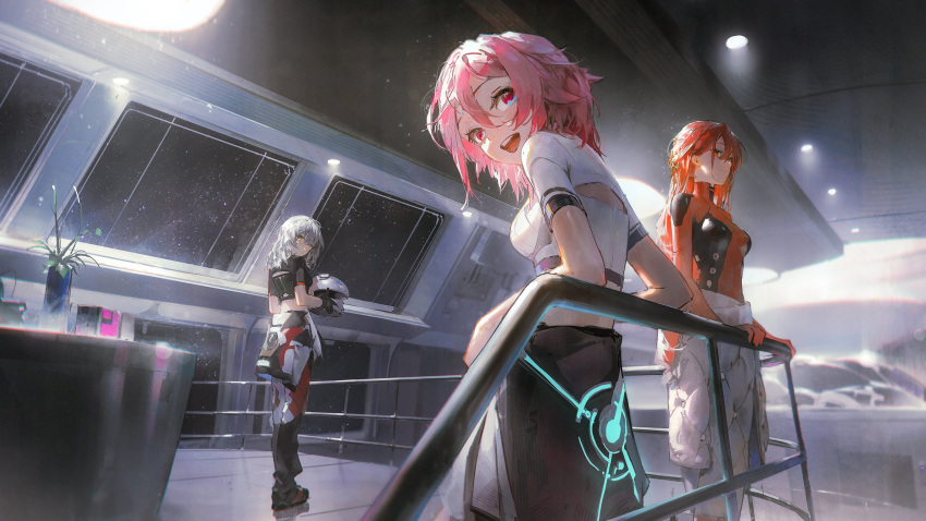 3girls :d against_railing back_cutout black_gloves blue_eyes breasts clothes_around_waist clothing_cutout costume_request crop_top dino_(dinoartforame) english_commentary gloves grey_hair hair_between_eyes helmet highres himeko_(honkai:_star_rail) holding holding_helmet honkai:_star_rail honkai_(series) jacket jacket_around_waist long_hair looking_at_viewer march_7th_(honkai:_star_rail) medium_hair motorcycle_helmet multiple_girls official_alternate_costume open_mouth pink_eyes pink_hair racing_suit railing red_eyes red_hair smile space spacecraft_interior stelle_(galactic_grand_prix)_(honkai:_star_rail) stelle_(honkai:_star_rail) teeth trailblazer_(honkai:_star_rail) two-tone_eyes unworn_headwear unworn_helmet upper_teeth_only yellow_eyes