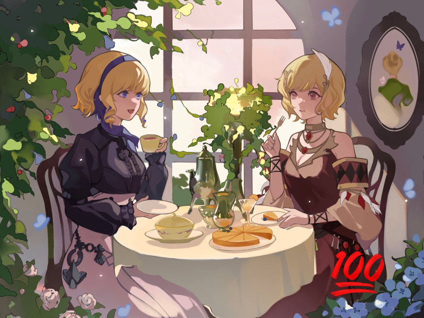 2girls blonde_hair choker citrinne_(fire_emblem) constance_von_nuvelle cup detached_sleeves dress feather_hair_ornament feathers fire_emblem fire_emblem:_three_houses fire_emblem_engage flower food fork garreg_mach_monastery_uniform glass gold_choker hair_ornament hairband highres holding holding_cup holding_fork jewelry long_sleeves looking_at_another manymanylilies multiple_girls necklace open_mouth purple_eyes red_eyes shawl short_hair sitting smile table tea teacup