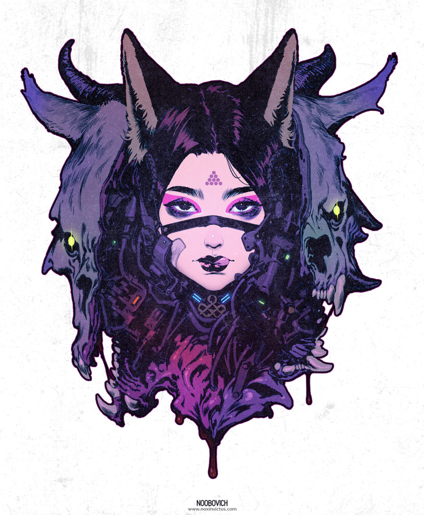 1girl animal_ears animal_skull artist_name bandaid bandaid_on_face bifurcation black_hair black_lips blood blood_drip cable cat_ears cropped_head eyelashes eyeshadow forehead_tattoo glowing glowing_eyes goat_horns highres horns ibrahem_swaid licking_lips lips looking_at_viewer makeup mechanical_arms merchandise_available nose original parted_hair purple_eyes purple_outline science_fiction solo straight-on tongue tongue_out web_address white_background wolf_head