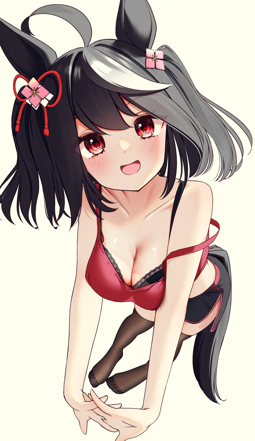 1girl absurdres ahoge alternate_costume animal_ears barefoot black_hair blurry blurry_background bra breasts casual collarbone highres horse_ears horse_girl horse_tail kitasan_black_(umamusume) looking_at_viewer medium_breasts open_mouth ponta_(1859ysmssstsp) red_eyes shirt shorts solo tail umamusume underwear white_background