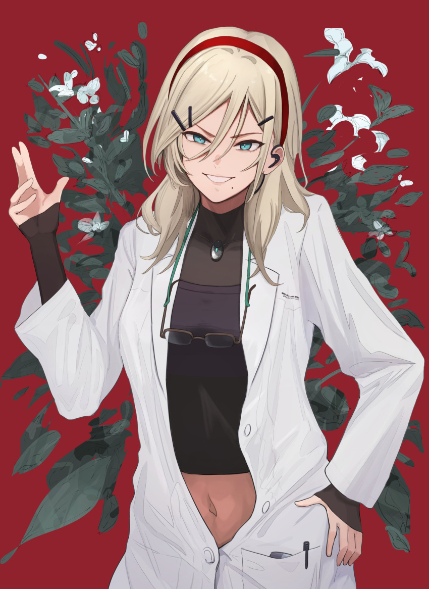 1girl absurdres aqua_eyes blonde_hair earpiece girls'_frontline glasses hair_between_eyes hair_ornament hairband hairpin hand_on_own_hip highres lab_coat long_hair looking_at_viewer mole mole_under_mouth navel parted_lips red_background shaw_(girls'_frontline) solo upper_body yotsuyama_(yomo8ama)