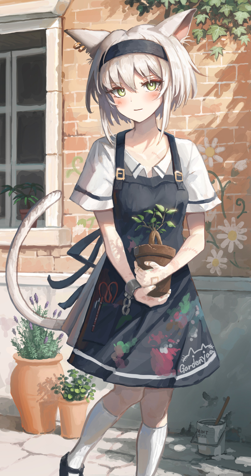 1girl absurdres animal_ears apron bandaid bandaid_on_hand black_apron black_hairband bonsai brick_wall cat_ears cat_girl cat_tail cuffs dress earrings green_eyes hairband highres holding holding_plant jewelry looking_at_viewer original outdoors paint_can plant potted_plant ram-a shackles short_hair socks stitches tail white_dress white_hair white_socks window