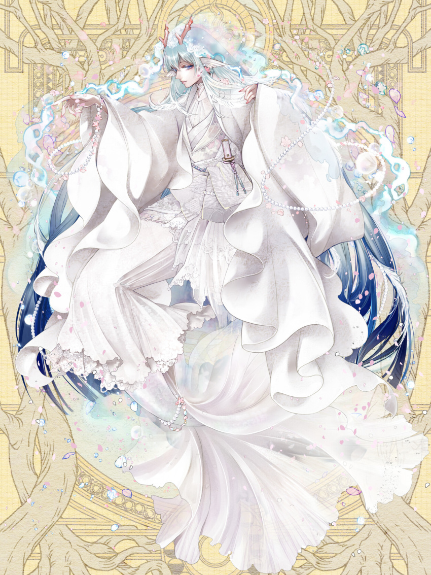 1boy androgynous bead_bracelet beads blue_eyes blue_hair bracelet closed_mouth dagger dairoku_ryouhei earrings falling_petals feather_hair fingernails fins floral_print flower flower_earrings frilled_sleeves frills full_body gem gradient_hair hair_between_eyes hair_flower hair_ornament head_fins highres japanese_clothes jewelry kimono knife knife_sheath layered_clothes layered_kimono light_blue_hair lilu_luli liquid_clothes long_hair looking_at_viewer male_focus merman miyo1101 monster_boy multicolored_hair obi pearl_(gemstone) petals pink_flower pink_nails sash sharp_fingernails sheath shirt sidelocks smile solo tail tail_ornament veil very_long_hair vest water_drop weapon white_kimono white_sash white_shirt white_veil white_vest wide_sleeves yellow_background