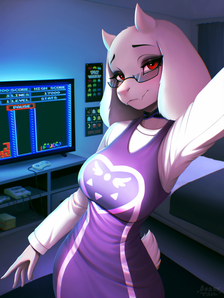5_fingers absurd_res anthro bedroom berry_tail big_breasts bovid breasts caprine choker clothed clothing controller eyewear female fingers floppy_ears fur game_controller glasses goat hi_res horn jewelry mammal necklace nes_controller nintendo nintendo_controller nintendo_entertainment_system poster purple_clothing red_eyes retro_console retro_controller selfie solo tetris toriel undertale_(series) white_body white_fur white_horn
