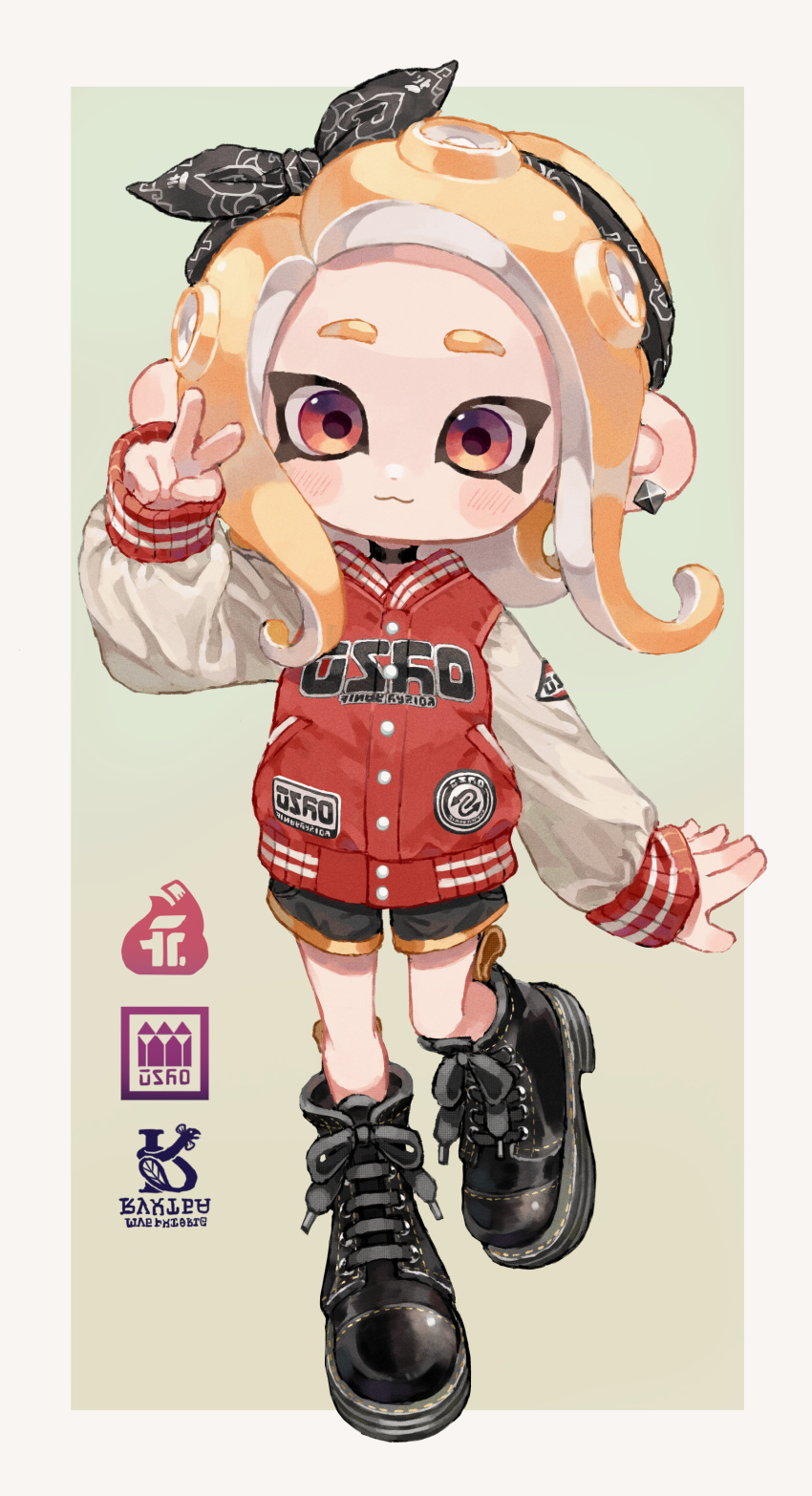 1girl :3 absurdres black_bow black_footwear black_hairband black_shorts blonde_hair border bow closed_mouth commentary_request ear_piercing full_body green_background hairband highres jacket letterman_jacket medium_hair myon_rio octoling octoling_girl piercing red_eyes shoes short_shorts shorts simple_background sleeves_past_wrists smile solo splatoon_(series) standing standing_on_one_leg tentacle_hair v white_border yellow_trim