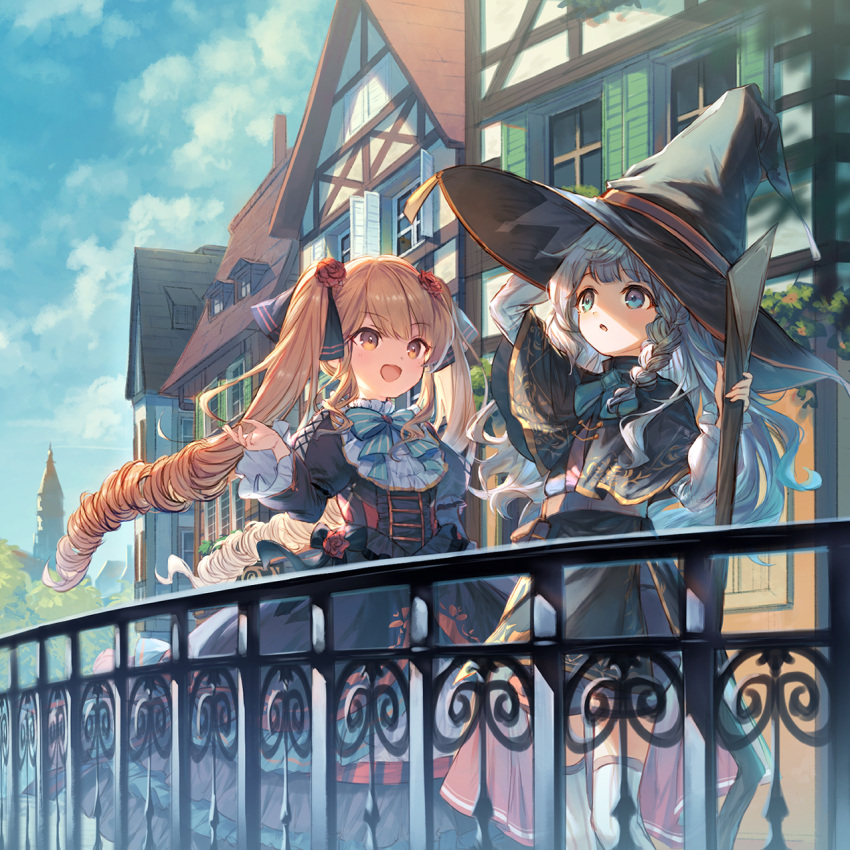 2girls :d blonde_hair blue_eyes blue_hair blue_sky bow bowtie braid building capelet cloud dress drill_hair fence hat highres holding long_sleeves looking_afar looking_at_another multiple_girls original outdoors sky smile takedanoko thighhighs twin_drills white_thighhighs window witch witch_hat yellow_eyes