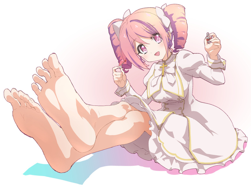 1girl artist_request barefoot blush breasts drill_hair feet highres jashin-chan_dropkick large_breasts looking_at_viewer nail_polish open_mouth pink_eyes pink_hair pino_(jashin-chan_dropkick) smile soles solo source_request twin_drills