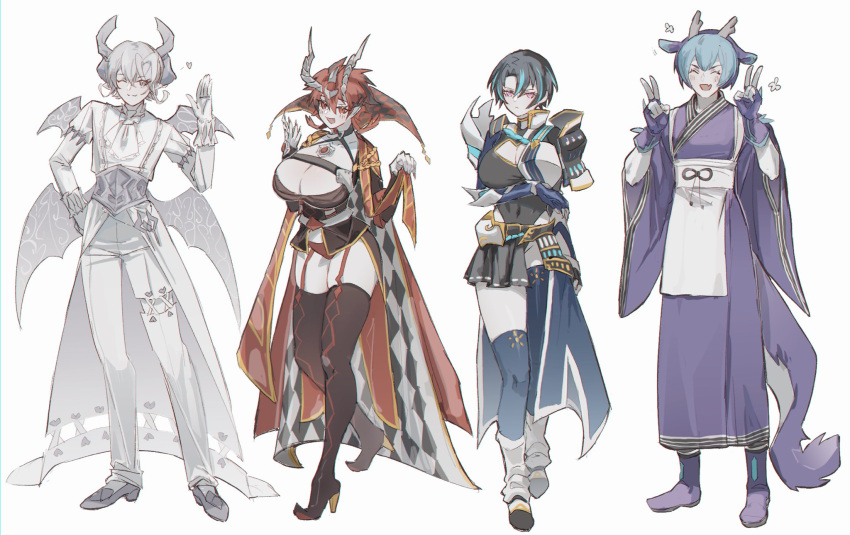 2boys 2girls aluber_(yu-gi-oh!) aluber_the_jester_of_despia ascot black_hair blue_hair cape cleavage_cutout closed_eyes clothing_cutout demon_boy demon_wings double_v dragon_boy dragon_tail duel_monster garter_straps genderswap genderswap_(ftm) genderswap_(mtf) gloves grey_eyes grey_hair high_heels highres horns jacket japanese_clothes kurohibi laundry_dragonmaid long_sleeves lovely_labrynth_of_the_silver_castle low_wings multicolored_hair multiple_boys multiple_girls pants pleated_skirt purple_hair red_eyes red_hair shoes short_hair skirt streaked_hair tail thighhighs v visas_starfrost white_gloves white_pants wide_sleeves wings yu-gi-oh!