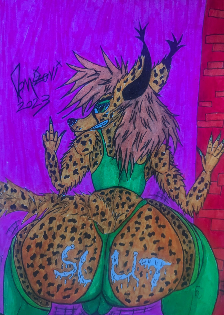 2023 anthro big_butt bodily_fluids butt canid canine cheetah clothing cum cum_on_butt domizoni dommi_chox_(domizoni) felid feline fox fur genital_fluids green_clothing green_eyes hair hi_res hybrid legwear long_hair looking_at_viewer male mammal motion_lines shirt smile solo spots spotted_body tank_top thigh_highs thong topwear underwear yellow_body yellow_fur