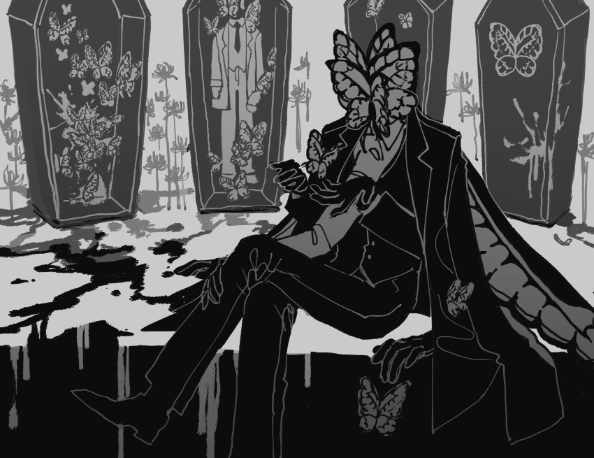 1boy absurdres animal_head blood bug butterfly coat coat_on_shoulders coffin flower funeral_of_the_dead_butterflies gloves greyscale highres lobotomy_corporation maskv monochrome pants project_moon sitting spider_lily vest