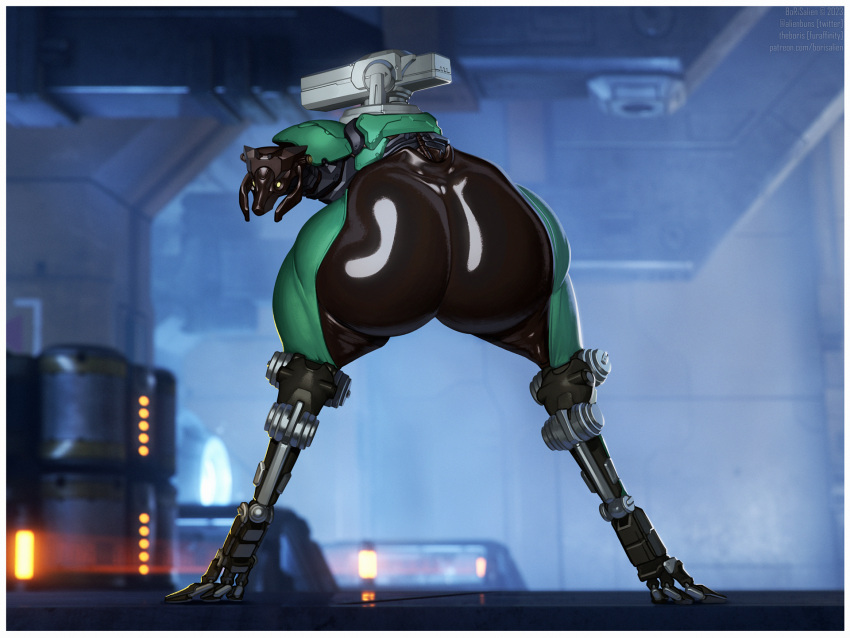 3_toes big_butt biped black_body borisalien butt digitigrade feet female feral genitals green_body gun hi_res huge_butt looking_back machine moa_(warframe) mounted_gun multicolored_body not_furry ranged_weapon rear_view robot solo thick_thighs toes two_tone_body warframe weapon