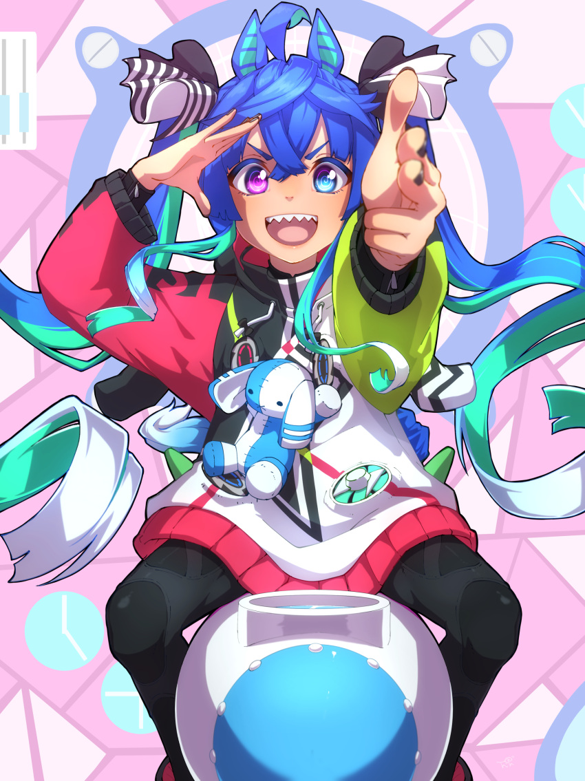 1girl :d @_@ absurdres ahoge animal_ears aqua_hair black_bodysuit black_nails blue_eyes blue_hair bodysuit bodysuit_under_clothes bow commentary_request crossed_bangs drawstring feet_out_of_frame finger_gun hair_bow hands_up heterochromia highres hood hoodie horse_ears horse_girl horse_tail long_hair long_sleeves looking_at_viewer multicolored_clothes multicolored_hair multicolored_hoodie nail_polish open_mouth outstretched_arm pointing pointing_at_viewer purple_eyes riding riding_rocket salute sharp_teeth sidelocks smile solo striped striped_bow stuffed_animal stuffed_rabbit stuffed_toy tail teeth thin_(suzuneya) twin_turbo_(umamusume) twintails two-tone_hair umamusume upper_teeth_only v-shaped_eyebrows very_long_hair