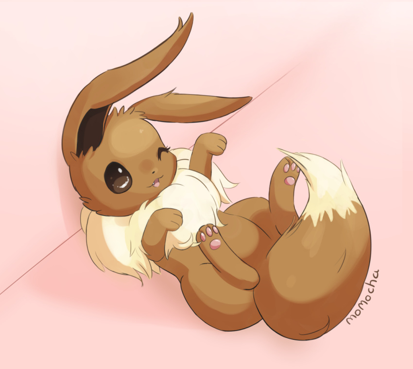 3_toes ambiguous_gender begging begging_pose brown_eyes brown_fur chest_tuft cute_fangs dipstick_tail eevee eyelashes fluffy fur happy long_ears lying momocha multicolored_tail nintendo on_back one_eye_closed open_mouth pawpads pink_pawpads pok&eacute;mon pok&eacute;mon_(species) solo spread_legs spreading tan_fur toes tongue tuft video_games