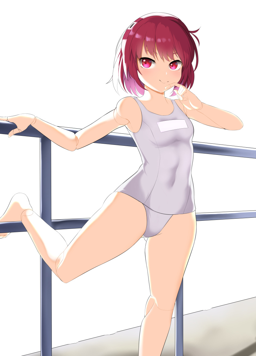 1girl :&gt; absurdres android bare_legs barefoot blush breasts closed_mouth commentary dallim dorothy_haze finger_to_mouth foot_out_of_frame hairband hand_on_railing highres joints looking_at_viewer one-piece_swimsuit red_eyes red_hair robot_joints shadow short_hair simple_background small_breasts smile solo standing standing_on_one_leg stretching swimsuit va-11_hall-a white_background white_hairband white_one-piece_swimsuit