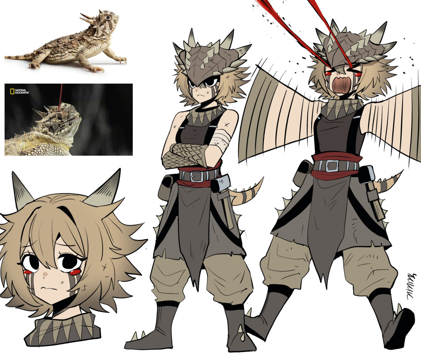 &gt;_&lt; blood bracer facial_mark flailing gegegekman highres horns lizard_tail lizardman national_geographic original pouch reference_inset reptile_boy shoes sleeveless spiked_shoes spikes tail white_background