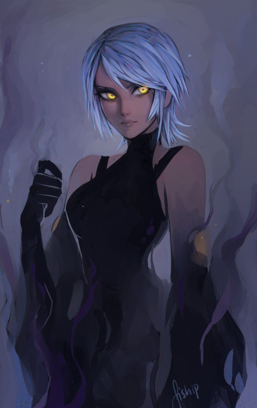 absurdres aqua_(kingdom_hearts) artist_name aura commentary corruption dark_aura dark_skin detached_sleeves glowing glowing_eyes grey_background highres kingdom_hearts kingdom_hearts_iii looking_to_the_side matilda_vin serious short_hair silver_hair solo spoilers upper_body yellow_eyes