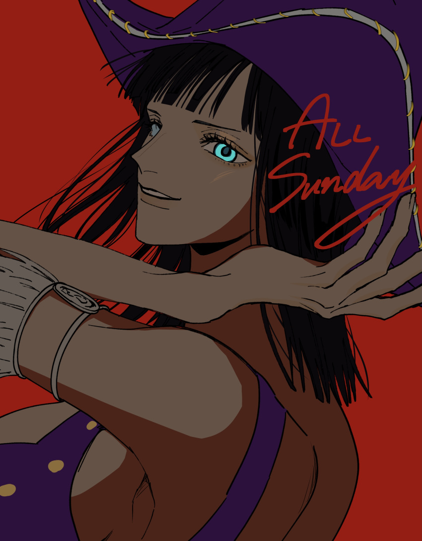 1girl absurdres armpits back black_hair blue_eyes breasts commentary_request cowboy_hat crop_top cross-laced_clothes english_text hat highres large_breasts looking_at_viewer medium_hair nico_robin nsgw one_piece purple_headwear red_background simple_background smile solo teeth underboob