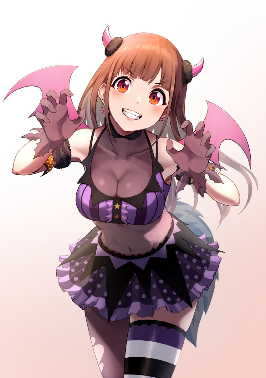 1girl absurdres black_gloves blush breasts brown_eyes brown_hair claw_pose cleavage collarbone dangle_earrings demon_wings earrings gloves gradient_background grin highres horns idolmaster idolmaster_shiny_colors jewelry large_breasts navel painapo pink_horns pink_wings purple_shirt purple_skirt see-through see-through_cleavage shirt single_thighhigh skirt smile solo sonoda_chiyoko star_(symbol) star_earrings striped striped_thighhighs tail thighhighs white_background wings