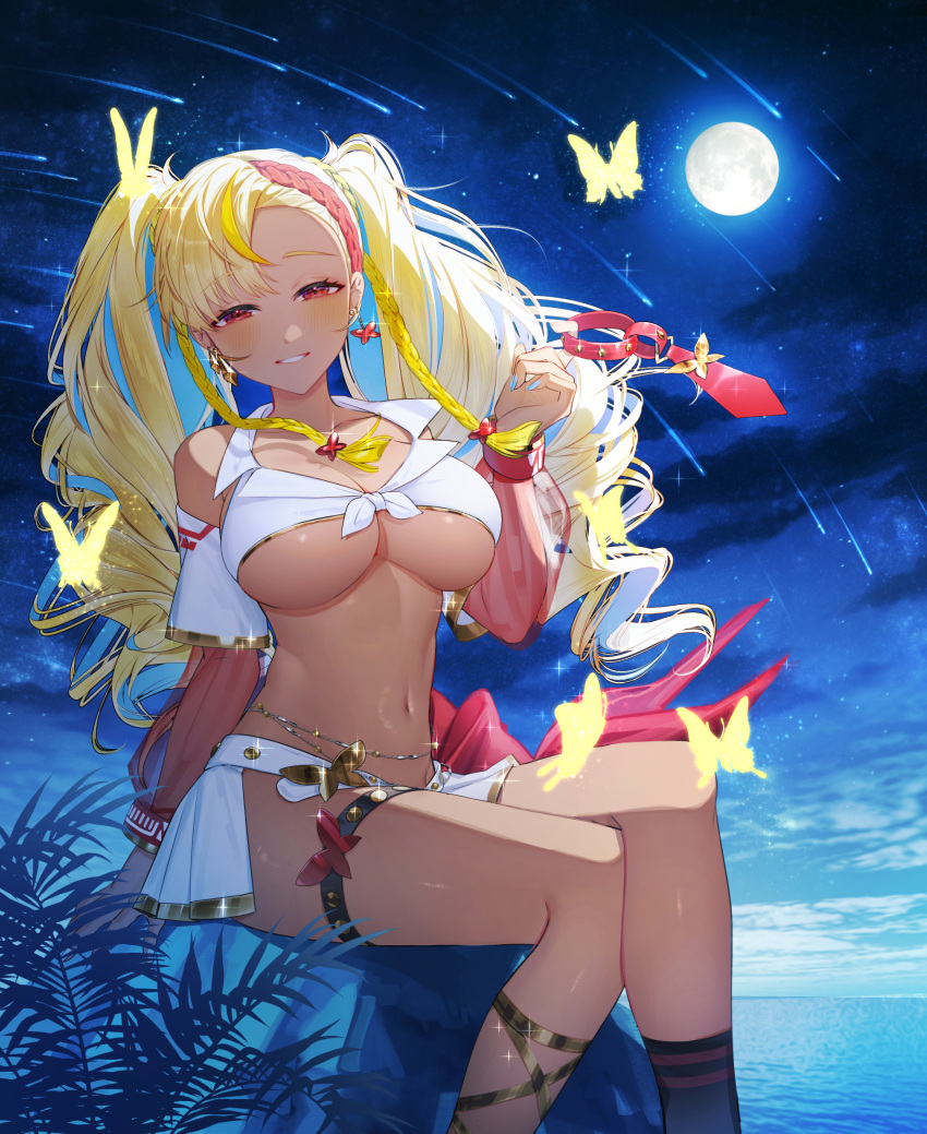 1girl bare_shoulders blonde_hair blue_hair breasts bug butterfly cleavage colored_inner_hair commission crop_top dark-skinned_female dark_skin drill_hair full_moon half-closed_eyes highres large_breasts long_hair looking_at_viewer moon multicolored_hair night night_sky ocean original red_eyes red_hair revealing_clothes see-through see-through_sleeves sitting skeb_commission sky smile solo star_(sky) syandega thigh_strap twintails underboob