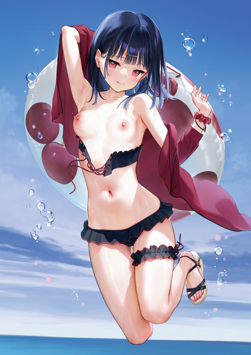 1girl bare_shoulders bikini black_hair blue_sky blush bracelet breasts collarbone day frills hair_ornament hairclip highres holding ichigo-chan_(mignon) innertube jewelry looking_at_viewer mignon navel nipples original outdoors red_eyes sandals scrunchie simple_background sky small_breasts solo stomach swimsuit thigh_strap thighs toeless_footwear toes tongue tongue_out wardrobe_malfunction water water_drop wrist_scrunchie