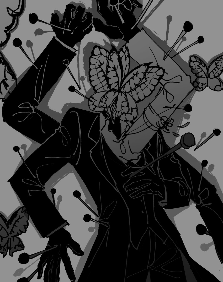 1boy absurdres animal_head armband arms_up bug butterfly coat collared_shirt extra_arms funeral_of_the_dead_butterflies greyscale highres insect_pin lobotomy_corporation maskv monochrome nail pants project_moon shirt solo vest