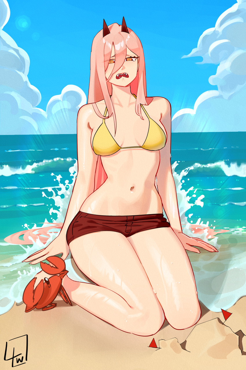 1girl absurdres alternate_costume bare_legs barefoot beach bikini blue_background breasts breasts_apart chainsaw_man cloud cloudy_sky collarbone commentary crab cross-shaped_pupils crying crying_with_eyes_open day english_commentary full_body hair_between_eyes highres horns l4wless legs long_hair looking_at_viewer lying medium_breasts navel on_back on_ground open_mouth orange_eyes pink_hair power_(chainsaw_man) red_horns red_shorts sharp_teeth short_shorts shorts sitting sky solo stomach swimsuit symbol-shaped_pupils tears teeth thighs very_long_hair wet yellow_bikini