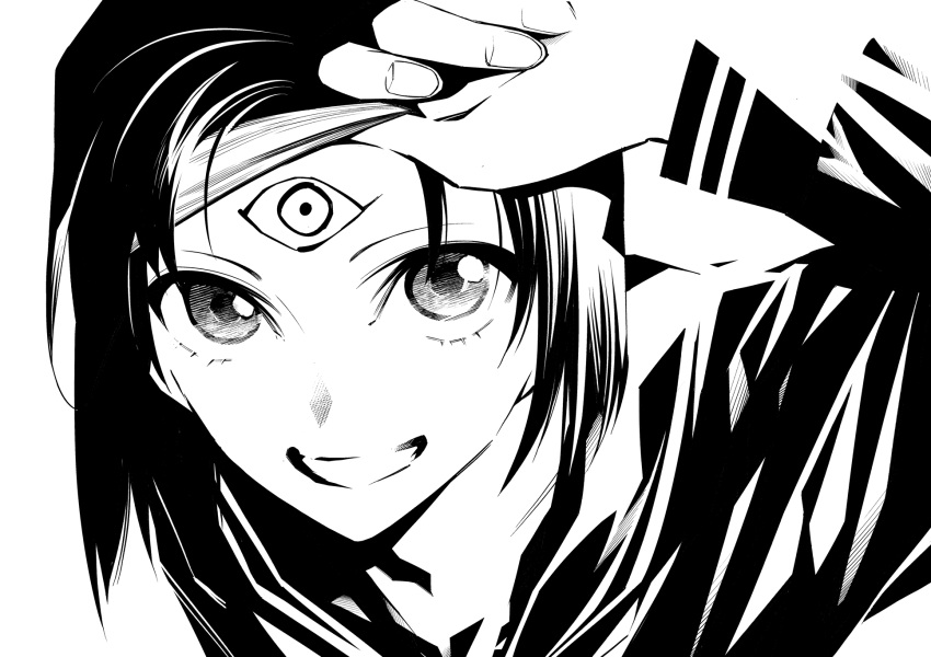 1girl blindfold blindfold_lift bob_cut commentary_request copyright_request eye_symbol facial_mark forehead_mark greyscale hand_up highres long_sleeves looking_at_viewer monochrome mononogatari onigunsou portrait school_uniform serafuku short_hair simple_background smile solo