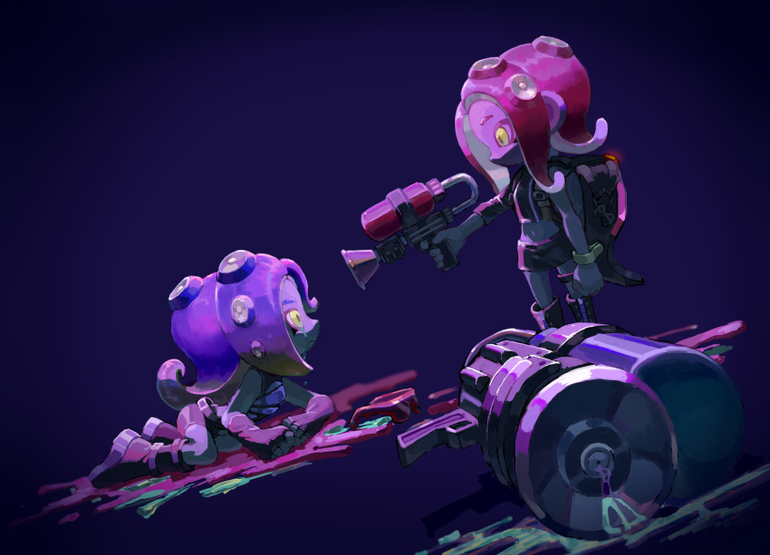 2girls absurdres black_footwear black_shorts bracelet clenched_hand closed_mouth commentary_request crop_top crying gradient_background gun highres holding holding_gun holding_weapon ink_tank_(splatoon) jewelry kneeling lying medium_hair midriff multiple_girls myon_rio octoling octoling_girl octoshot_(splatoon) paint pink_hair purple_background purple_hair shorts splatoon_(series) splatoon_2 splattershot_(splatoon) standing streaming_tears sunglasses tears tentacle_hair unworn_eyewear weapon yellow_eyes zipper