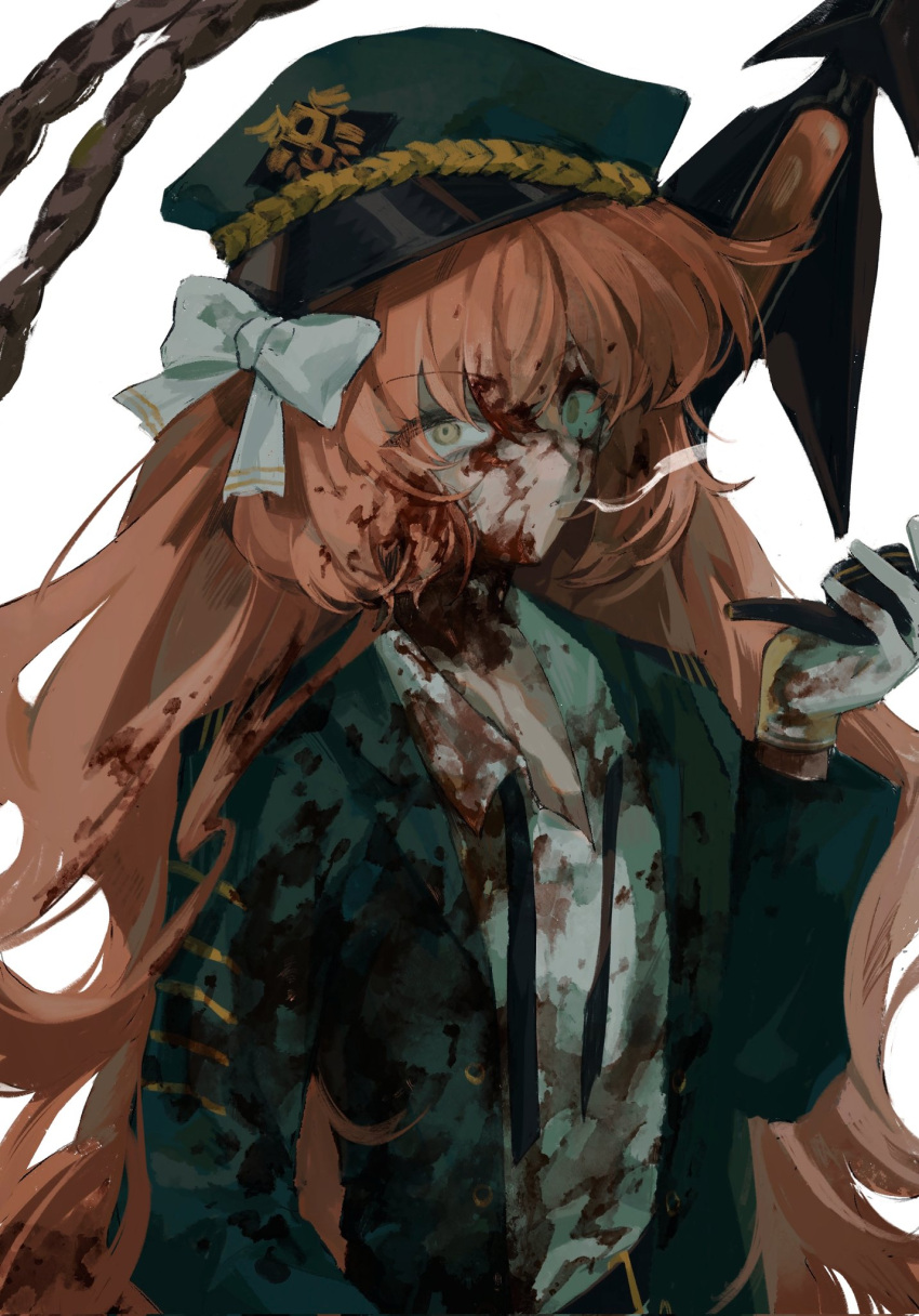 1girl blood blood_in_hair blood_on_clothes blood_on_face bow collared_shirt gloves green_headwear hair_bow harpoon hat highres holding holding_smoking_pipe ishmael_(project_moon) limbus_company long_hair looking_at_viewer military_hat orange_hair project_moon rope shirt smoking_pipe solo tw4wnpkqamfirtg upper_body very_long_hair white_bow white_gloves white_shirt