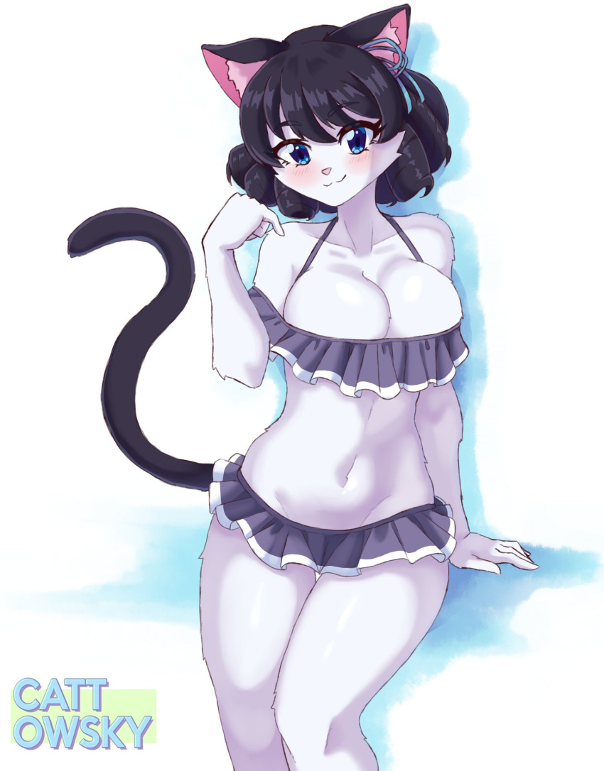 anthro big_breasts bikini black_hair blue_eyes blush breasts cattowsky clothing cyan_hijirikawa domestic_cat felid feline felis female fur hair hi_res huge_breasts mammal navel sanrio short_hair show_by_rock!! simple_background sitting solo swimwear white_body white_fur