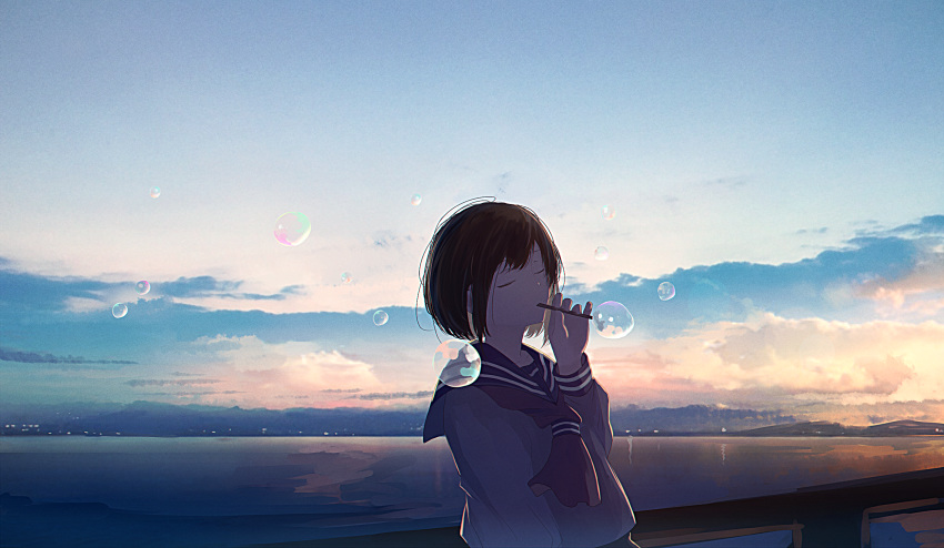 black_hair bubble bubble_blowing bubble_pipe closed_eyes cloud commentary hand_up highres holding long_sleeves mifuru neckerchief ocean original outdoors railing scenery school_uniform serafuku short_hair solo sunrise upper_body