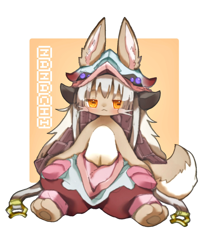 1other :&lt; absurdres androgynous animal_ears animal_feet arms_at_sides barefoot blush body_fur border brown_fur character_name fake_horns full_body furry half-closed_eyes helmet highres horizontal_pupils horned_helmet horns looking_at_viewer made_in_abyss nanachi_(made_in_abyss) navel nikamoka orange_background orange_eyes outside_border outstretched_legs puffy_pants simple_background sitting solo tail topless whiskers white_border white_hair