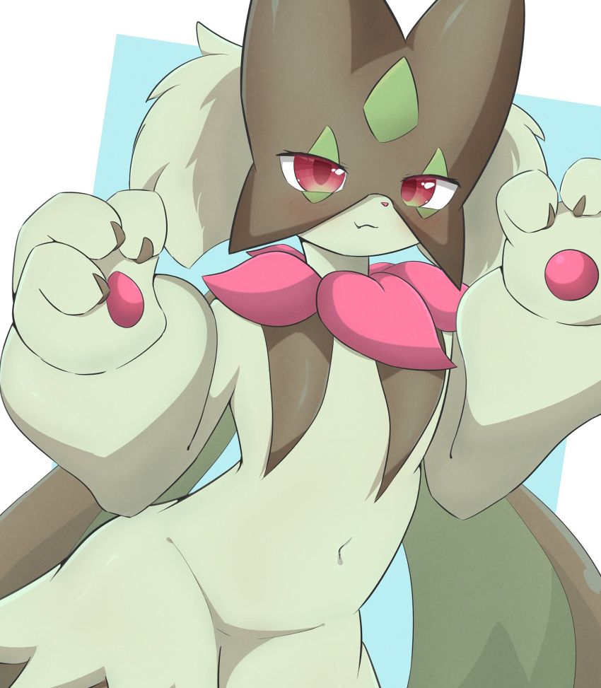 2023 3_fingers :3 ambiguous_gender anthro biped blue_background claws colored cute_fangs digital_media_(artwork) featureless_crotch felid feline finger_claws fingers frill_(anatomy) fur generation_9_pokemon green_body green_claws green_fur half-length_portrait head_tuft hi_res kemono looking_at_viewer mammal meowscarada monotone_body monotone_fur navel neck_frill nintendo nude pawpads paws pink_pawpads pokemon pokemon_(species) portrait red_eyes route_(ronto) shaded simple_background slim snaggle_tooth solo standing tuft wide_hips