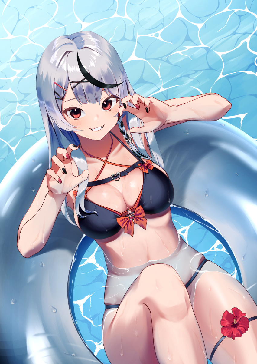 1girl absurdres bikini black_bikini bow breasts claw_pose collarbone eyelashes flower gloves grey_hair grin hair_ornament hairclip hibiscus highres hololive innertube large_breasts long_hair looking_at_viewer multicolored_nails orange_bow painapo red_flower red_gloves sakamata_chloe smile swimsuit virtual_youtuber water