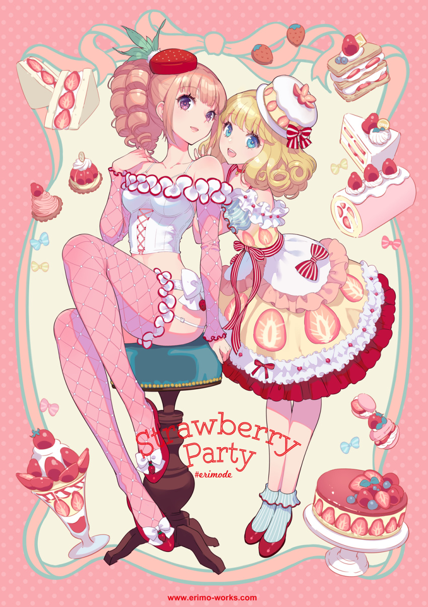 2girls :d ankle_socks artist_name bare_shoulders blonde_hair blue_eyes blueberry bow breasts bustier cake cake_slice choker curly_hair detached_sleeves dress drill_hair food food-themed_clothes food-themed_hair_ornament footwear_bow frilled_dress frilled_sleeves frilled_socks frilled_thighhighs frills fruit full_body garter_belt hair_ornament hat high_heels highres inset_border layered_dress leaf light_brown_hair long_hair looking_at_viewer macaron macaron_hair_ornament midriff multiple_girls nishimura_eri open_mouth original parfait pink_sleeves pink_theme pink_thighhighs polka_dot polka_dot_background puffy_sleeves purple_eyes red_footwear sidelocks sitting small_breasts smile socks standing stool strawberry strawberry_hair_ornament strawberry_parfait strawberry_shortcake striped striped_bow striped_socks sweets sweets_lingerie thighhighs web_address white_bow