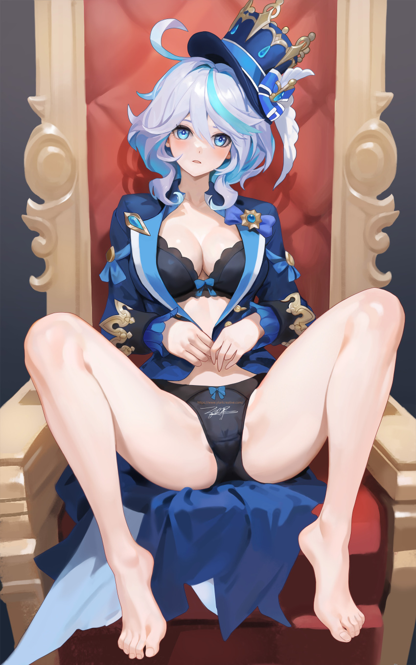 1227846210 1girl absurdres ahoge bare_legs barefoot black_bra black_panties blue_eyes blue_hair blue_headwear blue_jacket blush bow bow_bra bow_panties bra breasts cameltoe cleavage collarbone full_body furina_(genshin_impact) genshin_impact hair_between_eyes highres jacket knees_up legs looking_at_viewer medium_breasts no_shirt open_clothes open_jacket open_mouth panties revision shadow short_hair sidelocks sitting solo spread_legs thighs toenails toes unbuttoned underwear