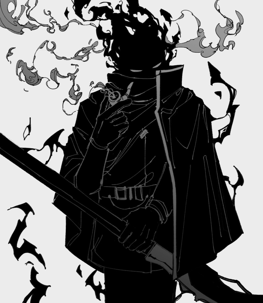 1boy cowboy_shot der_freischuetz_(lobotomy_corporation) fire flaming_head gloves greyscale gun hand_up highres holding holding_weapon lobotomy_corporation maskv monochrome project_moon rifle simple_background smoke smoking_pipe solo weapon