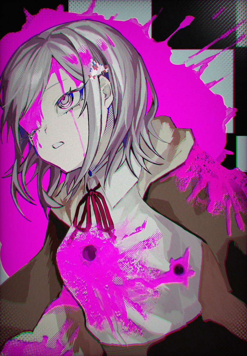 1girl blood brown_jacket corpse danganronpa_(series) danganronpa_3_(anime) death galaga guro hair_ornament highres hole_in_chest hole_on_body hood hood_down hope's_peak_academy_school_uniform jacket kaiko_(pixiv_42903528) lying medium_hair nanami_chiaki neck_ribbon on_back one_eye_closed open_clothes open_jacket pink_blood pink_eyes red_ribbon ribbon school_uniform solo spoilers tearing_up teeth tile_floor tiles