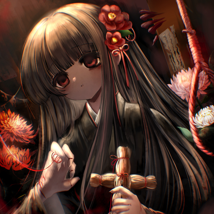 1girl 1other bags_under_eyes black_hair black_kimono blood blood_in_hair blood_on_hands blunt_bangs brown_background commentary_request curled_fingers doll flower hair_flower hair_ornament hair_ribbon hands_up highres holding holding_doll horror_(theme) japanese_clothes kimono leaf_hair_ornament long_hair looking_ahead lotus noose orange_flower original out_of_frame paper parted_lips pink_flower raiyo_(pixiv16261673) red_eyes red_flower red_ribbon ribbon sleeves_past_elbows solo_focus straight_hair straw_doll string string_of_fate torn_paper upper_body white_flower wide_sleeves