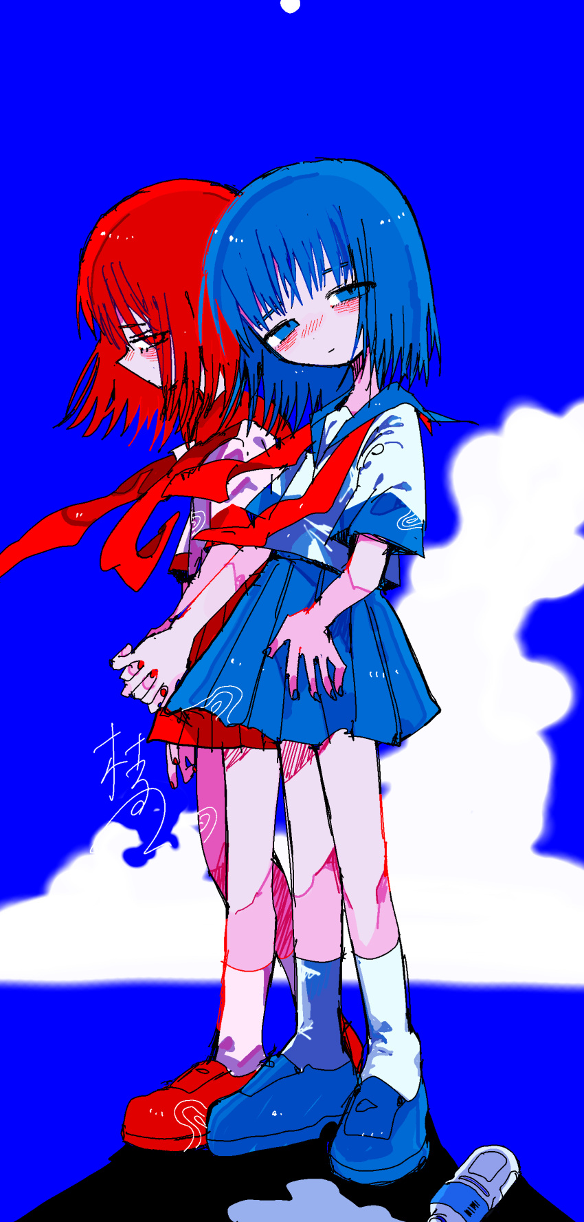 2girls absurdres blue_background blue_eyes blue_footwear blue_hair blue_nails blue_sailor_collar blush bottle closed_mouth cloud commentary_request cumulonimbus_cloud edanoma_meu floating_hair from_side half-closed_eyes hand_on_own_hip highres holding_hands light_smile looking_at_viewer medium_hair multiple_girls neckerchief original pink_shirt pleated_skirt polar_opposites profile red_eyes red_footwear red_hair red_nails red_neckerchief red_sailor_collar sailor_collar shirt shoes short_sleeves side-by-side skirt spill standing undone_neckerchief water_bottle white_shirt