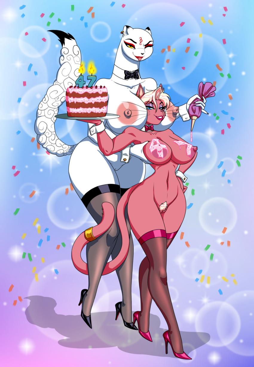 absurd_res accessory anthro asian_mythology big_breasts birthday_cake birthday_candle blonde_hair blowing_raspberries blue_eyes bow_tie breasts cake clothing confetti crovirus cuff_(restraint) dessert domestic_cat duo ear_piercing ear_ring east_asian_mythology felid feline felis female food footwear footwear_only frosting_on_breasts furgonomics genitals hair hand_on_hip hi_res high_heels holding_breast holding_cake holding_food holding_object japanese_mythology jewelry kamaitachi keiko_tachibana legwear looking_at_viewer mammal mostly_nude mustelid mythology nude one_eye_closed piercing pubes pussy restraints ring_piercing size_difference small_waist stockings tail tail_accessory tail_jewelry tina_(eltonpot) whiskers wide_hips wink wrist_cuffs yellow_eyes yokai