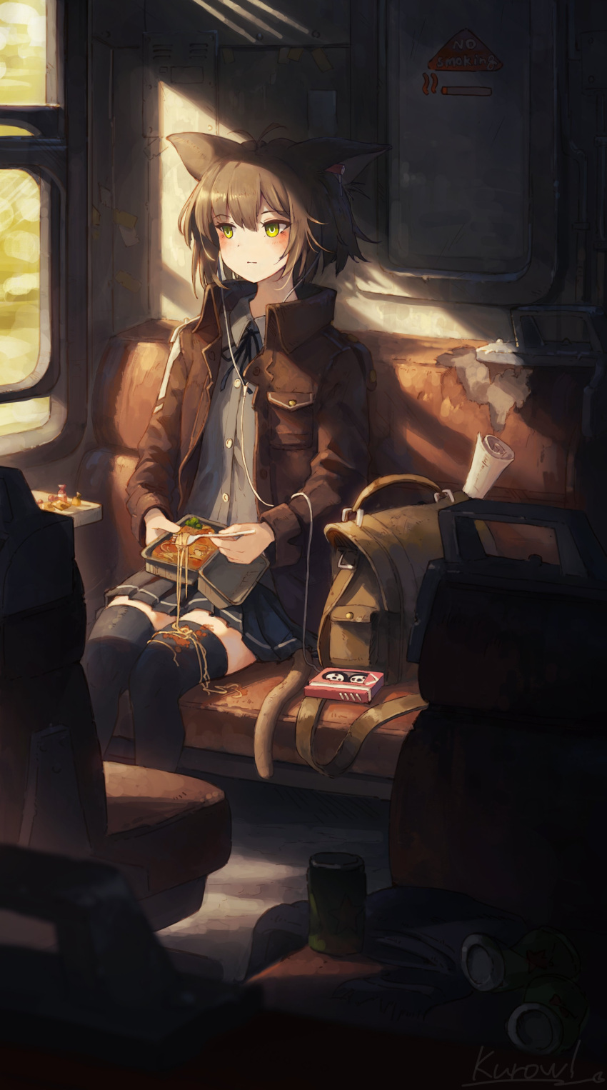 1girl absurdres animal_ears black_skirt black_thighhighs brown_hair brown_jacket can candy cat_ears cat_girl cat_tail earbuds earphones food food_on_body food_on_legs fork grey_shirt highres holding holding_fork jacket long_sleeves no_smoking open_clothes open_jacket original pasta pleated_skirt ram-a rolled_up_paper scarf shirt short_hair sitting skirt spaghetti tail takeout_container thighhighs train_interior unaware unworn_scarf walkman window
