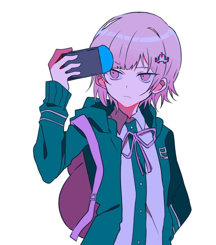 1boy backpack bag closed_mouth collared_shirt danganronpa_(series) danganronpa_2:_goodbye_despair frown genderswap genderswap_(ftm) green_jacket hair_ornament handheld_game_console highres holding holding_handheld_game_console hood hood_down hooded_jacket jacket nanami_chiaki neck_ribbon nintendo_switch pink_hair pink_ribbon ribbon shirt short_hair solo spaceship_hair_ornament todoroki_gk2 two-tone_shirt upper_body