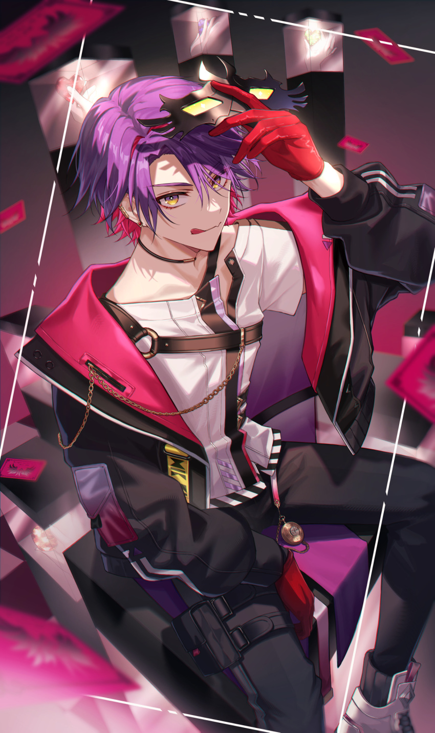 1boy :q black_jacket black_pants blurry blurry_background card chair colored_inner_hair commentary disembodied_limb foot_out_of_frame gem gloves hand_up highres holding holding_mask indoors jacket kawausoman male_focus mask multicolored_hair nijisanji open_clothes open_jacket pants pink_hair purple_eyes red_gloves shoes sitting sneakers solo thigh_pouch thigh_strap tongue tongue_out virtual_youtuber watarai_hibari white_footwear yellow_eyes